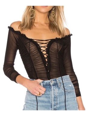 MAJORELLE Cleo Black Ruched Off-Shoulder Lace-Up Sheer Thong Bodysuit